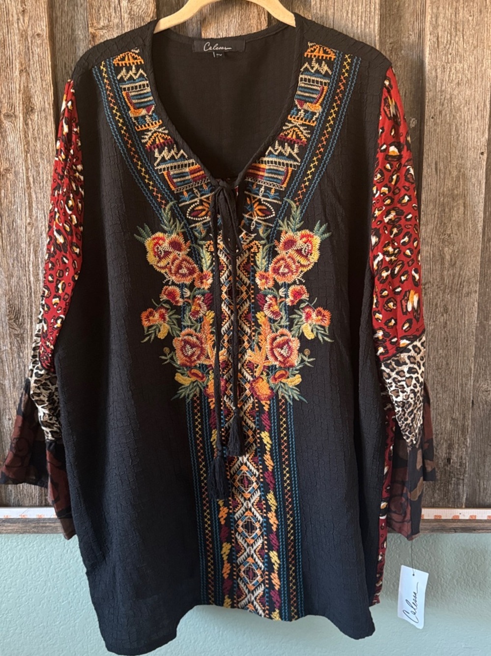 Calessa Black Embroidered Floral Boho Tunic with Red Mixed-Print Sleeves